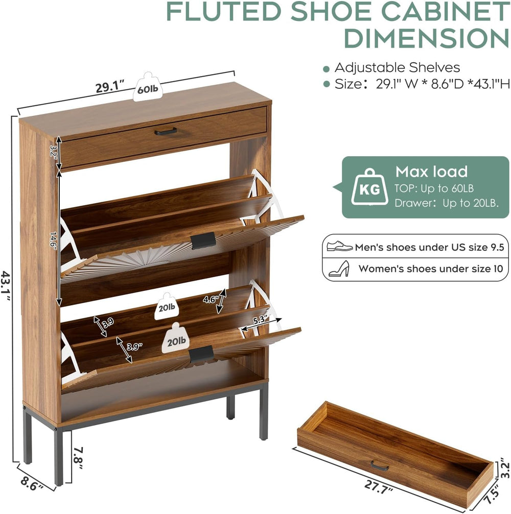 Yechen Shoe Cabinet with Sun Pattern Doors, Modern 2 Flip Drawer Entryway Sho...