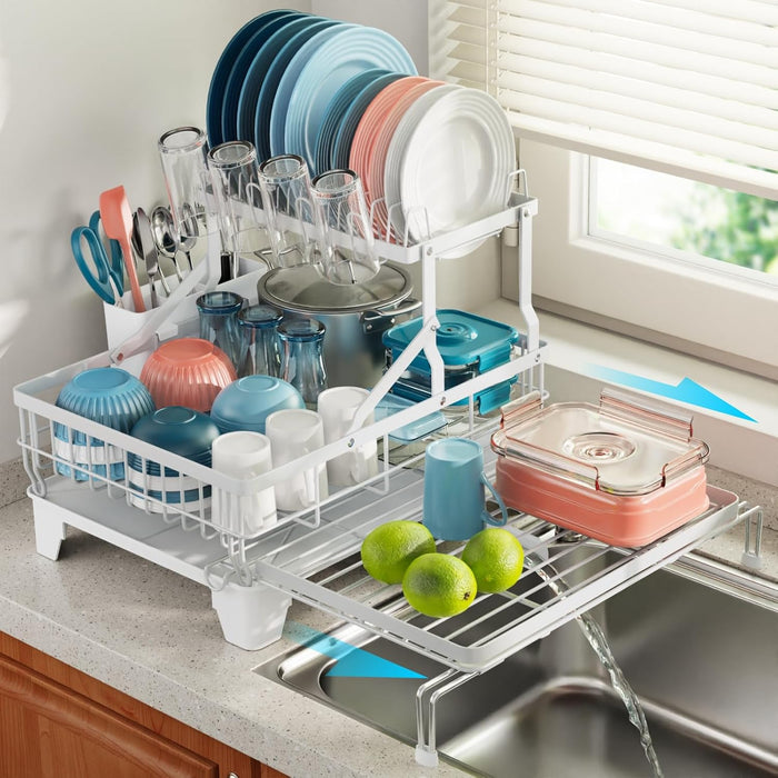 iSPECLE 2 Tier Dish Drying Rack - Expandable Over Sink & Counter Use, White