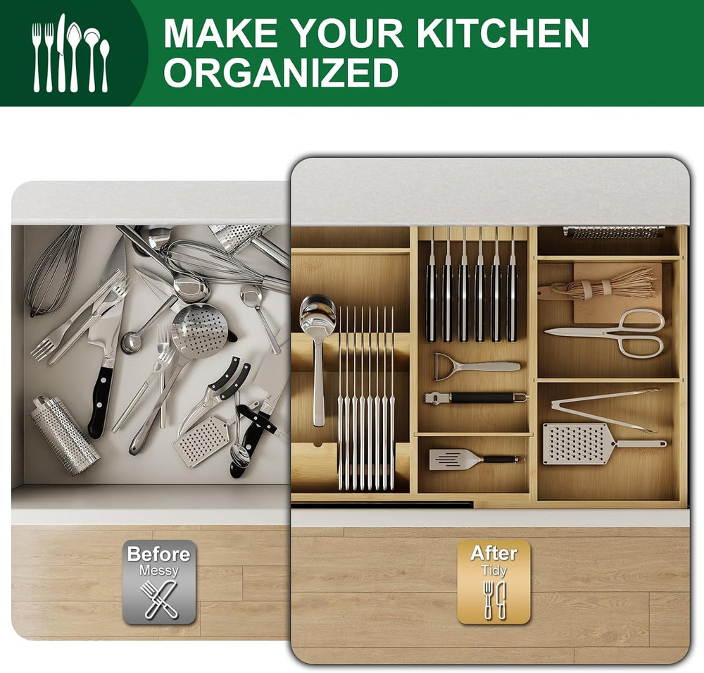 Bamboo Silverware Drawer Organizer, 17.72-29.53 Inch Expandable Large Kitchen...