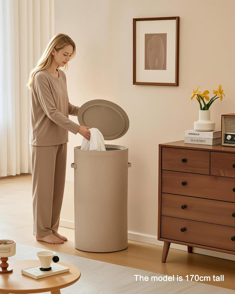126L Laundry Basket with Lid, Laundry Hamper, Laundry Room, Beige
