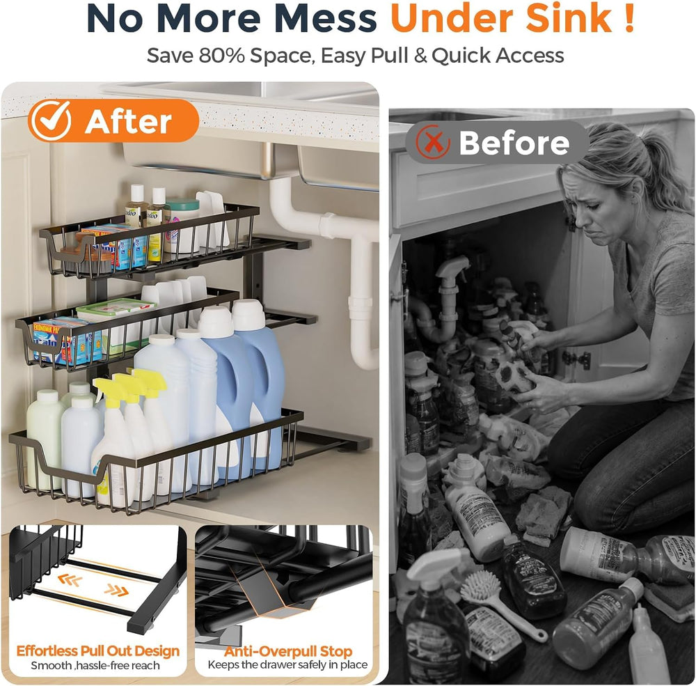 Under Sink Organizer, 2-Pack 3-Tier Height Adjustable Thickened Metal Pull ou...