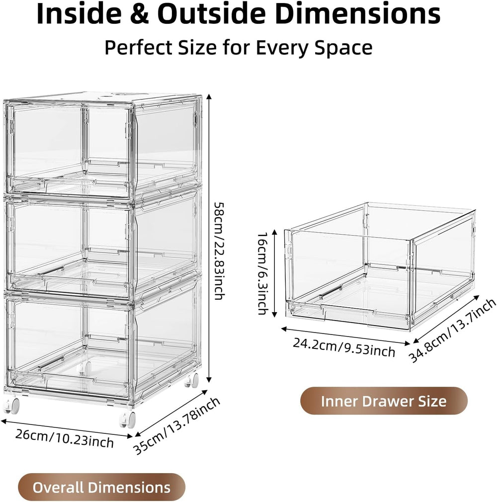 Large Clear Storage 3 Drawer Organizer with Wheels for Closet