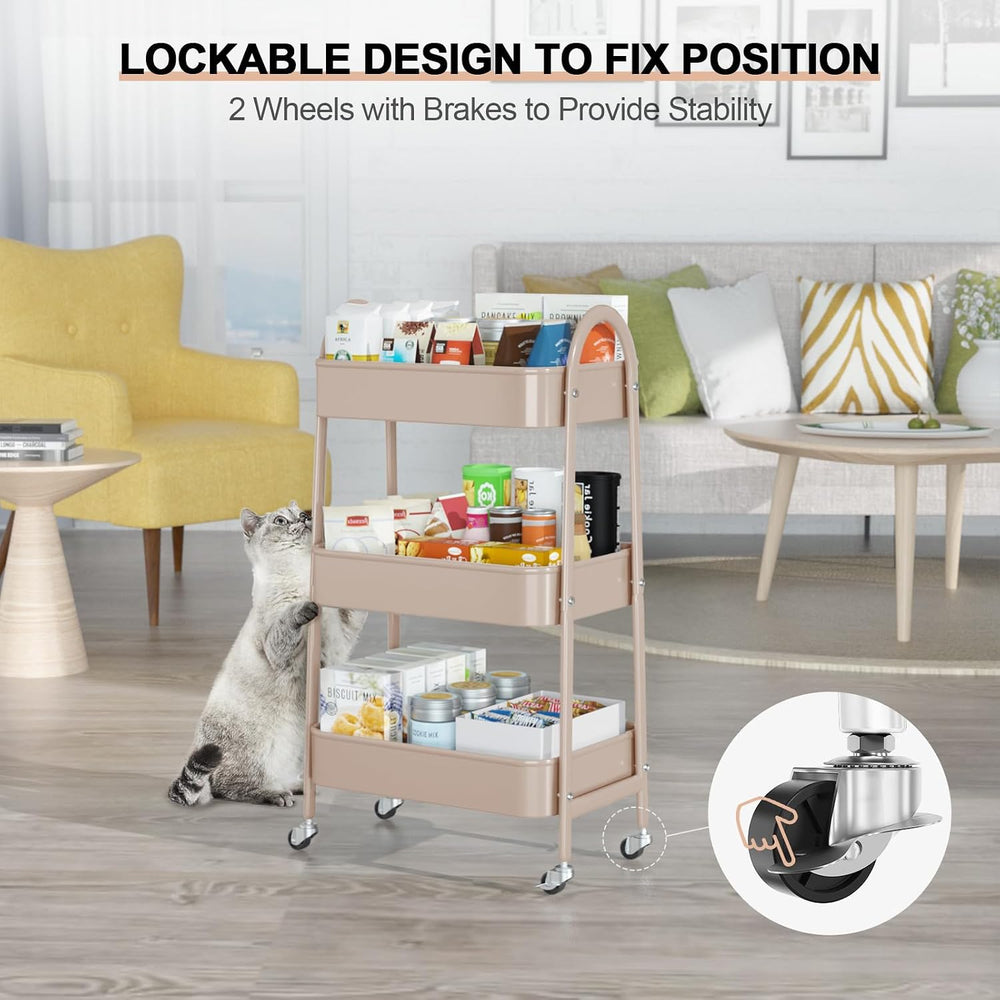3 Tier Utility Rolling Cart, Metal Storage Cart with Handle and Lockable Whee...