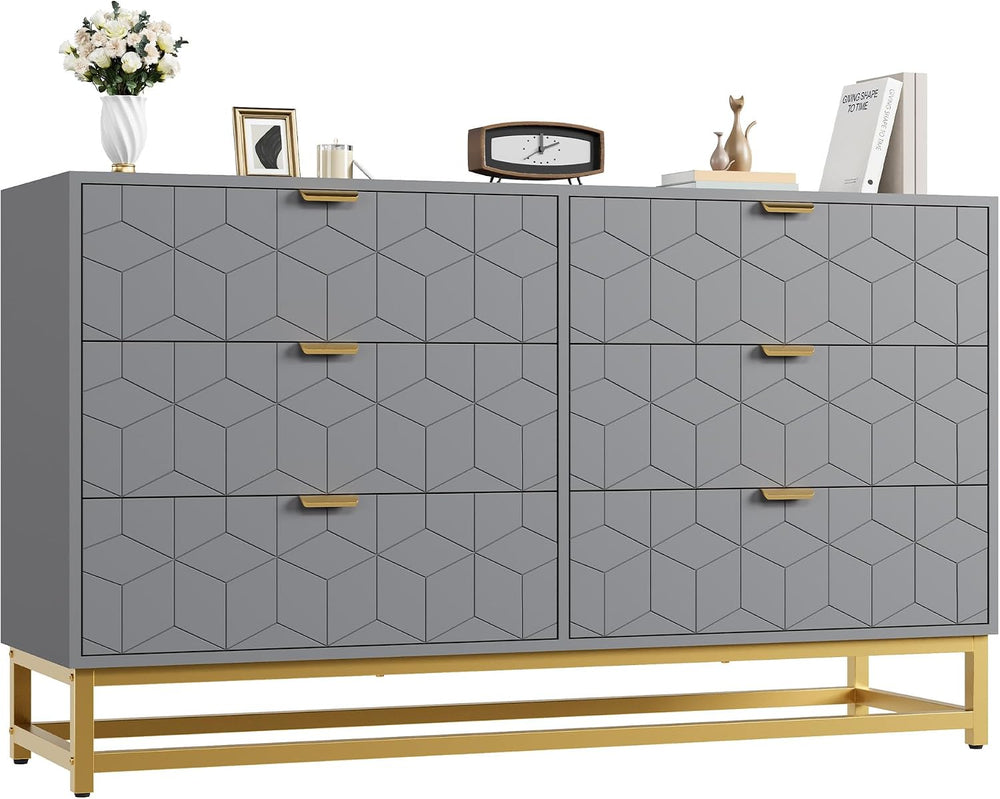 IDEALHOUSE Grey 6 Drawer Dresser for Bedroom, 53.5” Large Dresser with Metal ...