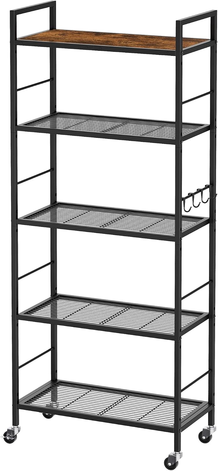 5-Tier Metal Storage Rack with Industrial Wheels,Mesh Shelving Unit with Wooden Table top,Adjustable Shelf,23.6-Inch Width,for Kitchen, Laundry,Pantry,Plant,Black