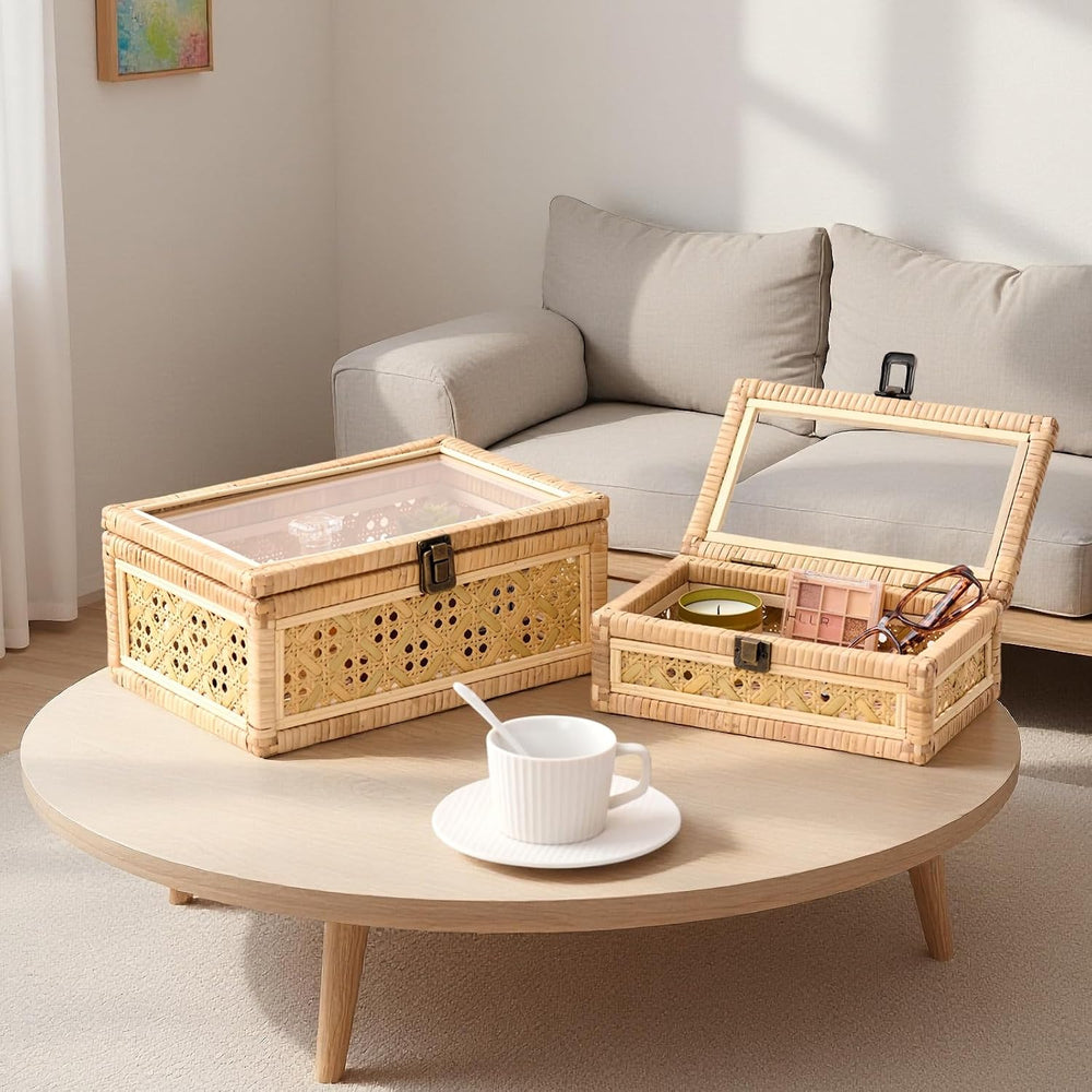 2PCS Decorative Rattan Boxes Handmade Natural Wicker Boho Baskets