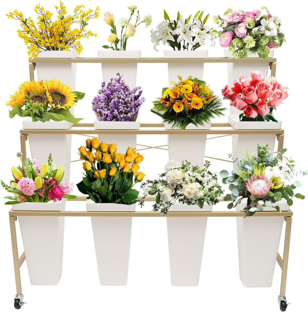 Flower Display Stand with 12Pcs Buckets, 3-Layer Metal Display Stand Decorati...