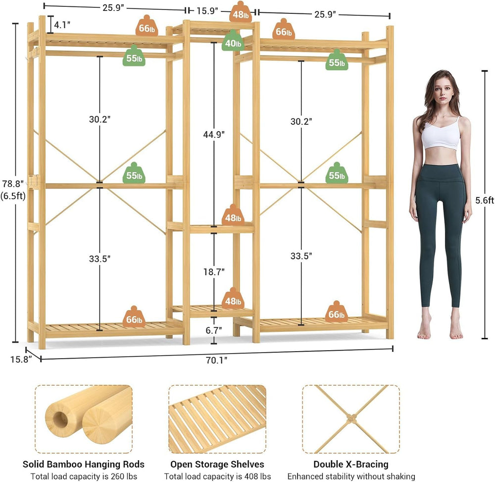 Homykic Bamboo Clothing Rack with 7 Shelves, 5 Hang Rods, 70” Wide, Natural