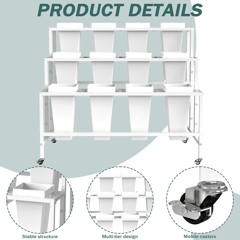 Asee'm Flower Display Stand with Buckets Bloom Bar Cart with Wheels White