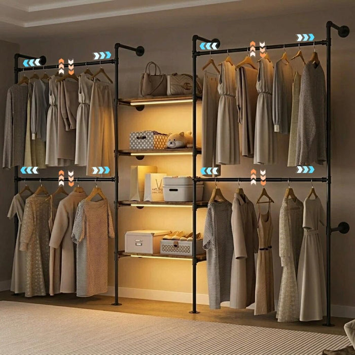 Expandable Industrial Pipe Clothing Rack with LED & Shelves