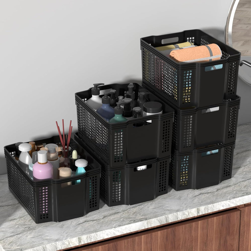Stackable Woven Plastic Storage Baskets, 6 Pack Container Tote