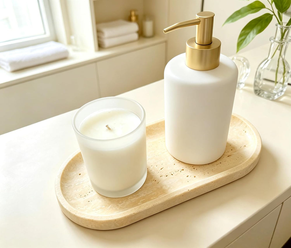 Beige Travertine Vanity Tray | Natural Stone Bathroom Organizer | Perfume &am...