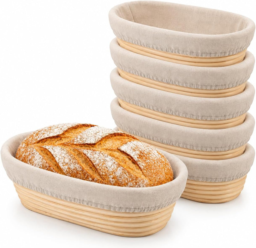 6 Pack 10 Inch Oval Banneton Bread Proofing Basket, Rattan Sourdough Bread Ba...