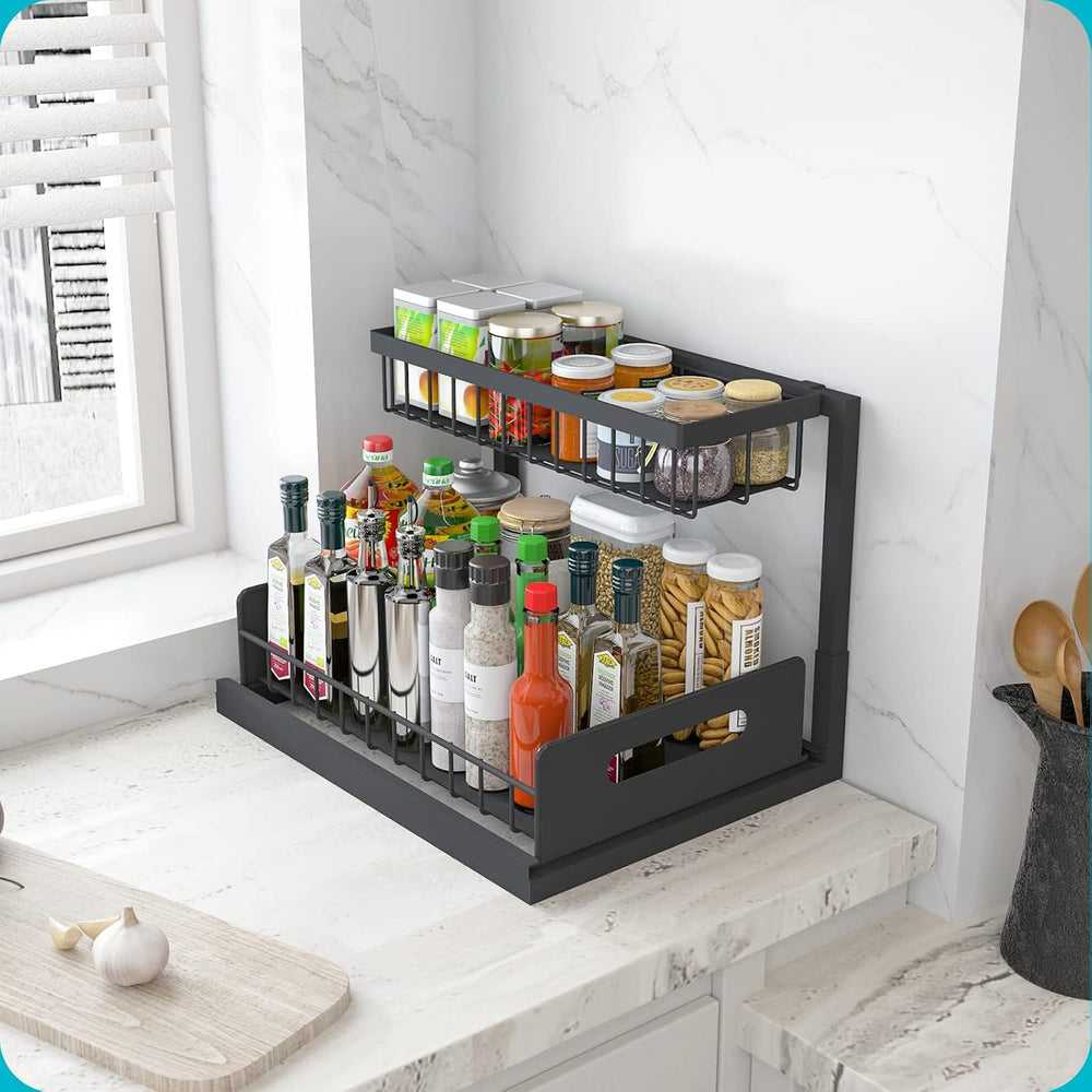 REALINN Under Sink Organizer, L-Shaped 2 Tier Pull Out Cabinet Organizer