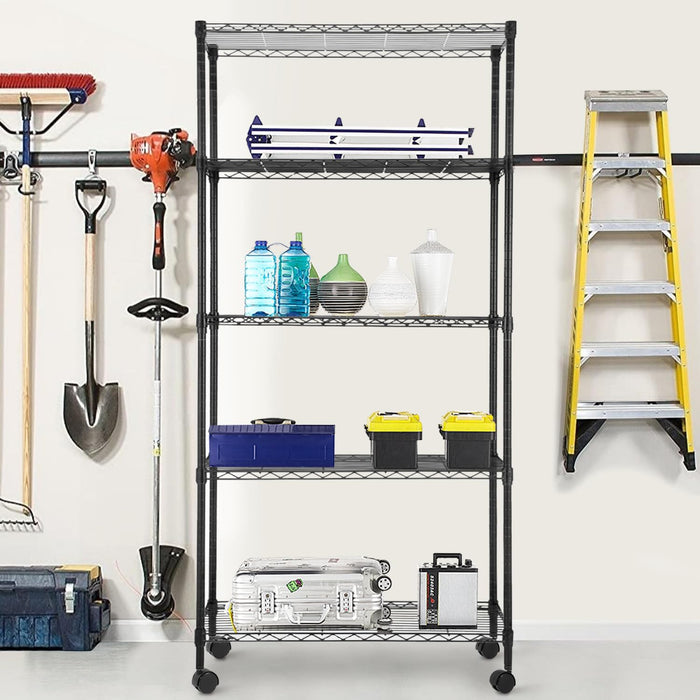 BestOffice 14"x30"x60" Commercial Storage Shelves Heavy Duty Shelving 5 Tier Layer Wire Shelving Unit with Wheels Metal Wire Shelf Standing Garage Shelves Storage Rack,Adjustable NSF Certified(Black)