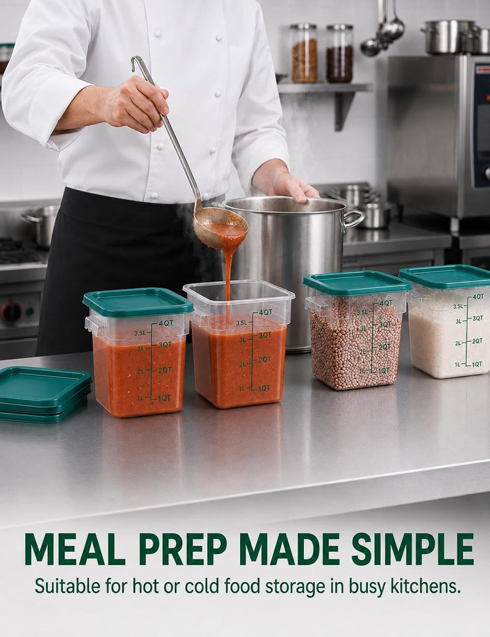 4 Pack 4QT Food Storage Containers with Green Lids - Square, Clear
