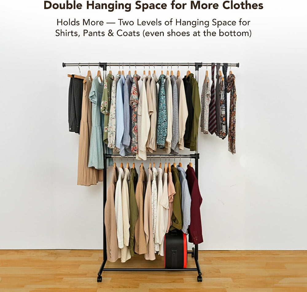 Displays By Jack Double Rail Clothes Rack, Adjustable Rolling Garment Rack on...