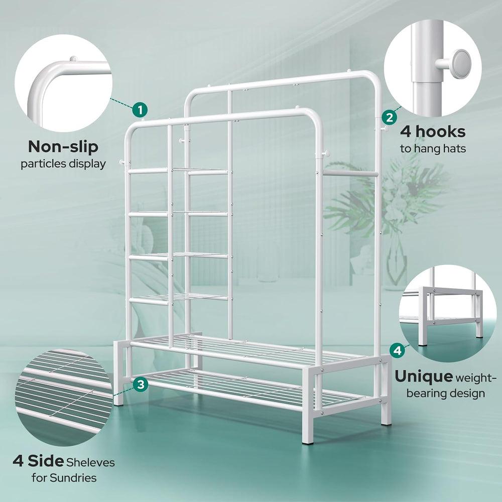 Clothes Rack with Shelves, Double Rods Clothing Rack for Bedroom, White