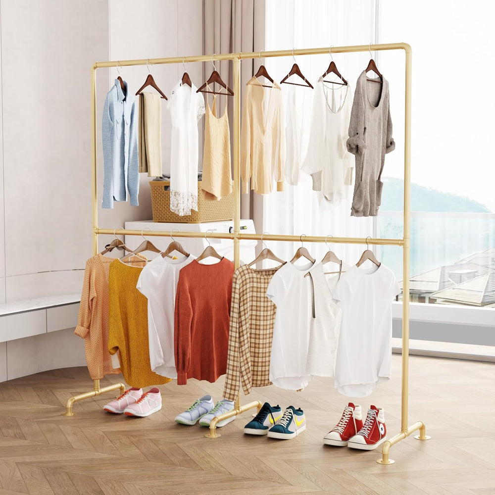 Industrial Pipe Clothing Rack, Heavy Duty Metal Clothes Rack with Double Rods...