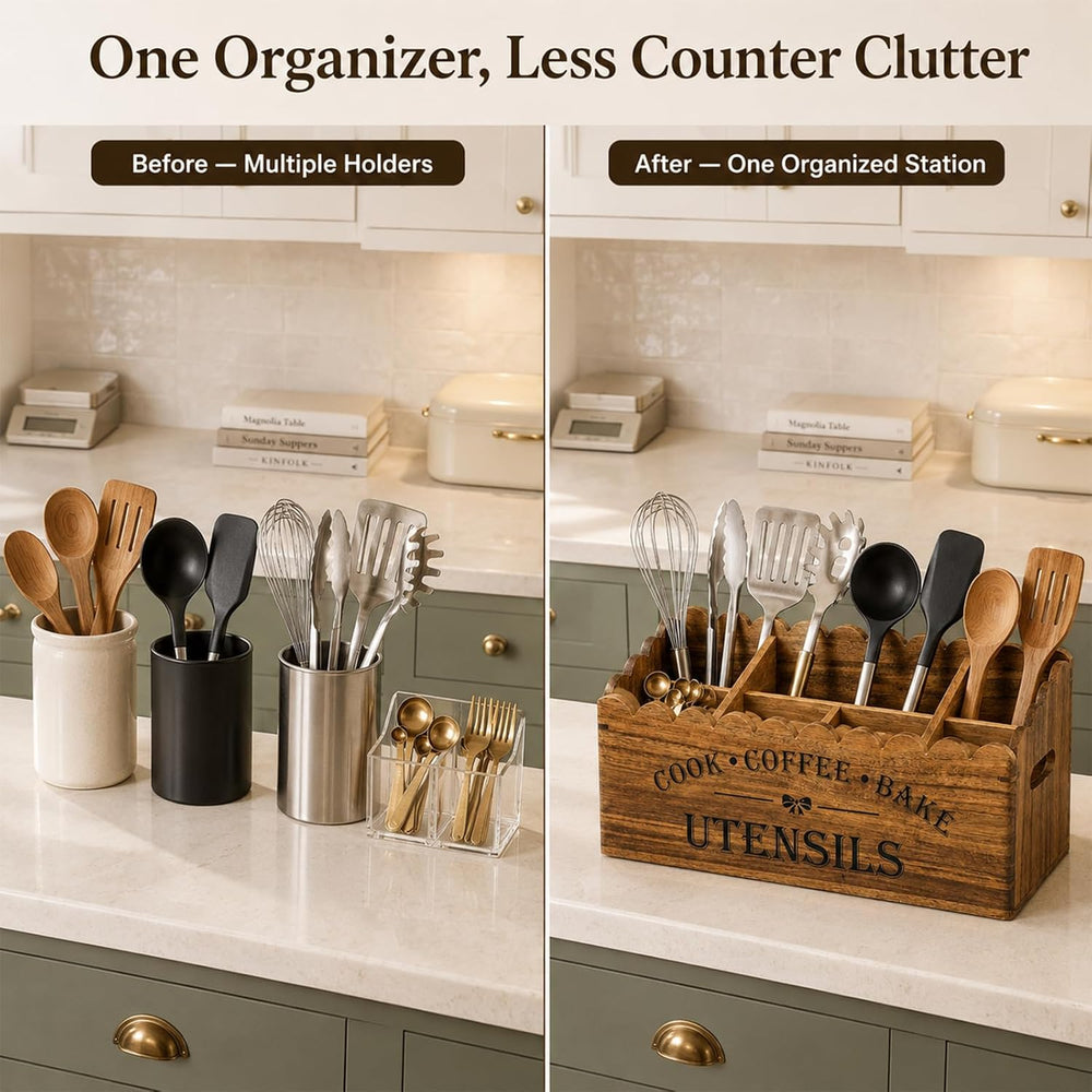 Acacia Wood Utensil Holder for Counter, 4-Compartment Organizer