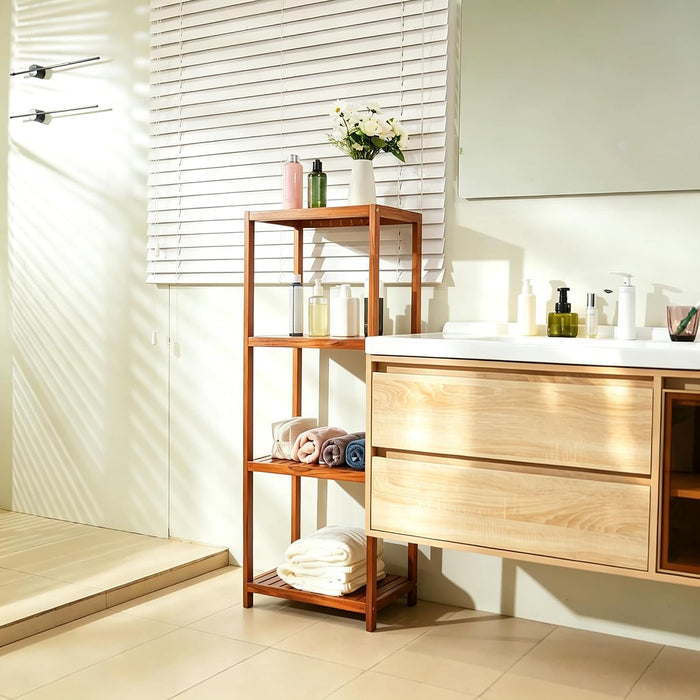 VaeFae Teak Bathroom Shelf, 4-Tier Storage Shelf, Wooden Stand Shelf Organizer for Bathroom, Kitchen, Living Room, Laundry, Garage