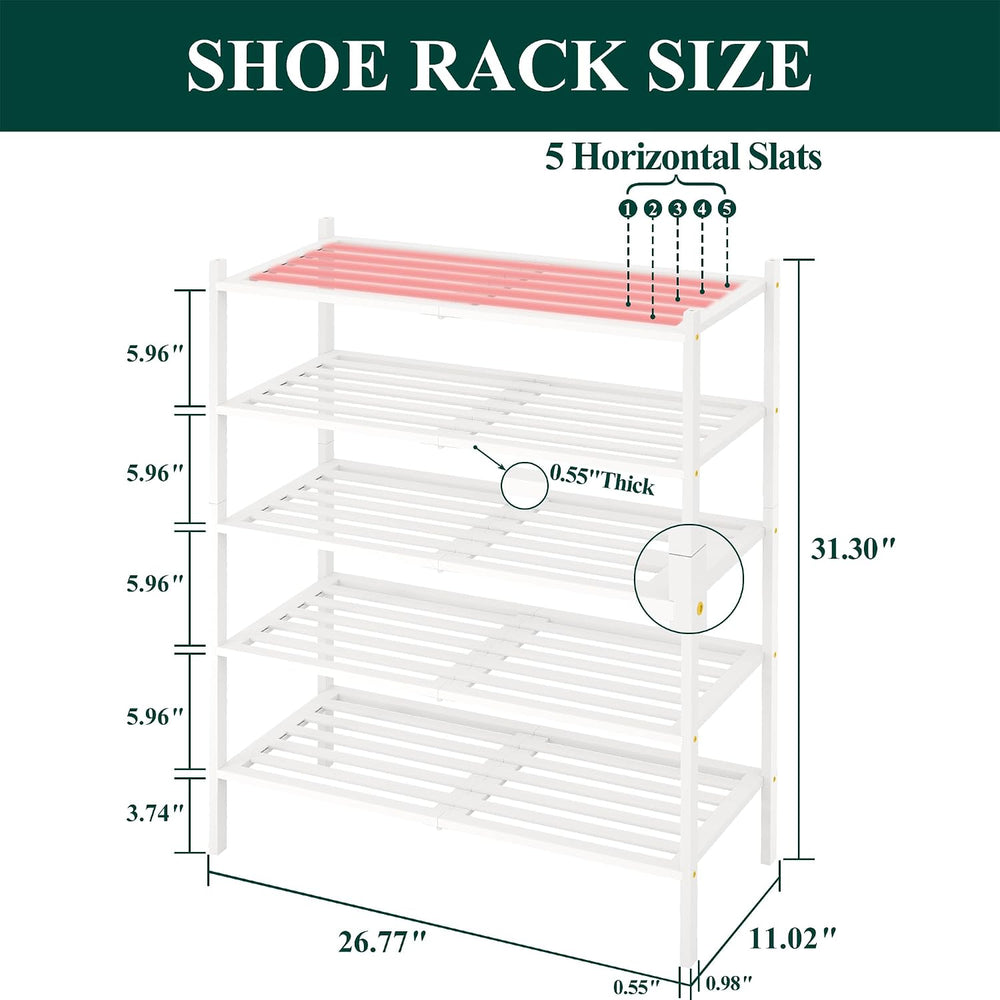 Smiry Bamboo Shoe Rack, 5 Horizontal Slats, 5 Tier - 26.8" Wide, White