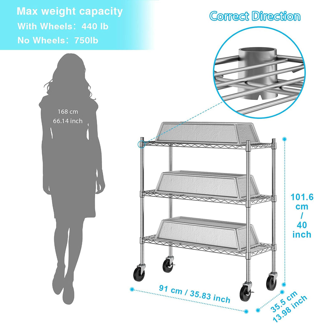 Auslar 3-Tier Storage Shelves with Casters Heavy Duty Metal Shelving Chrome