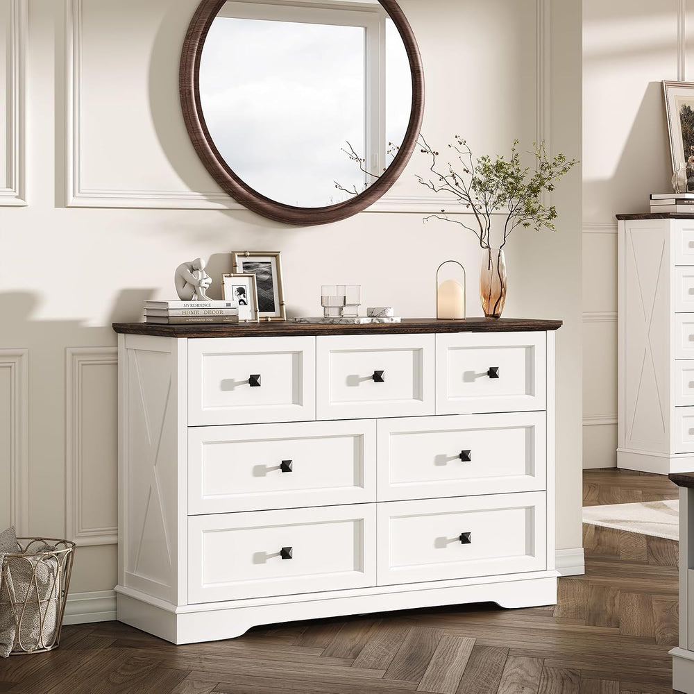 Farmhouse 7 Drawers Dresser for Bedroom with Charging Station,Wood Dressers