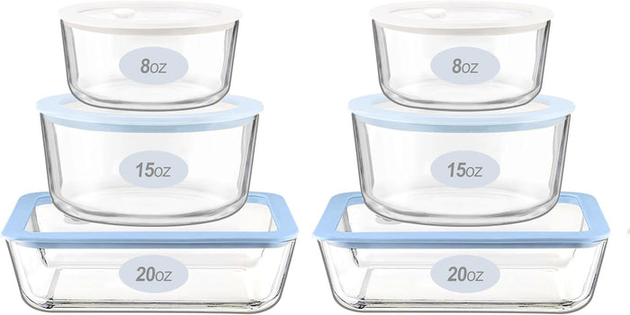 Urban Green Glass Food Container Set with Silicone Glass Lid, Square & Round Shape, 6 Pack, Airtight, LeakProof, 100% Plastic Free, Meal Prep Food Storage Containers, Blue & White Color