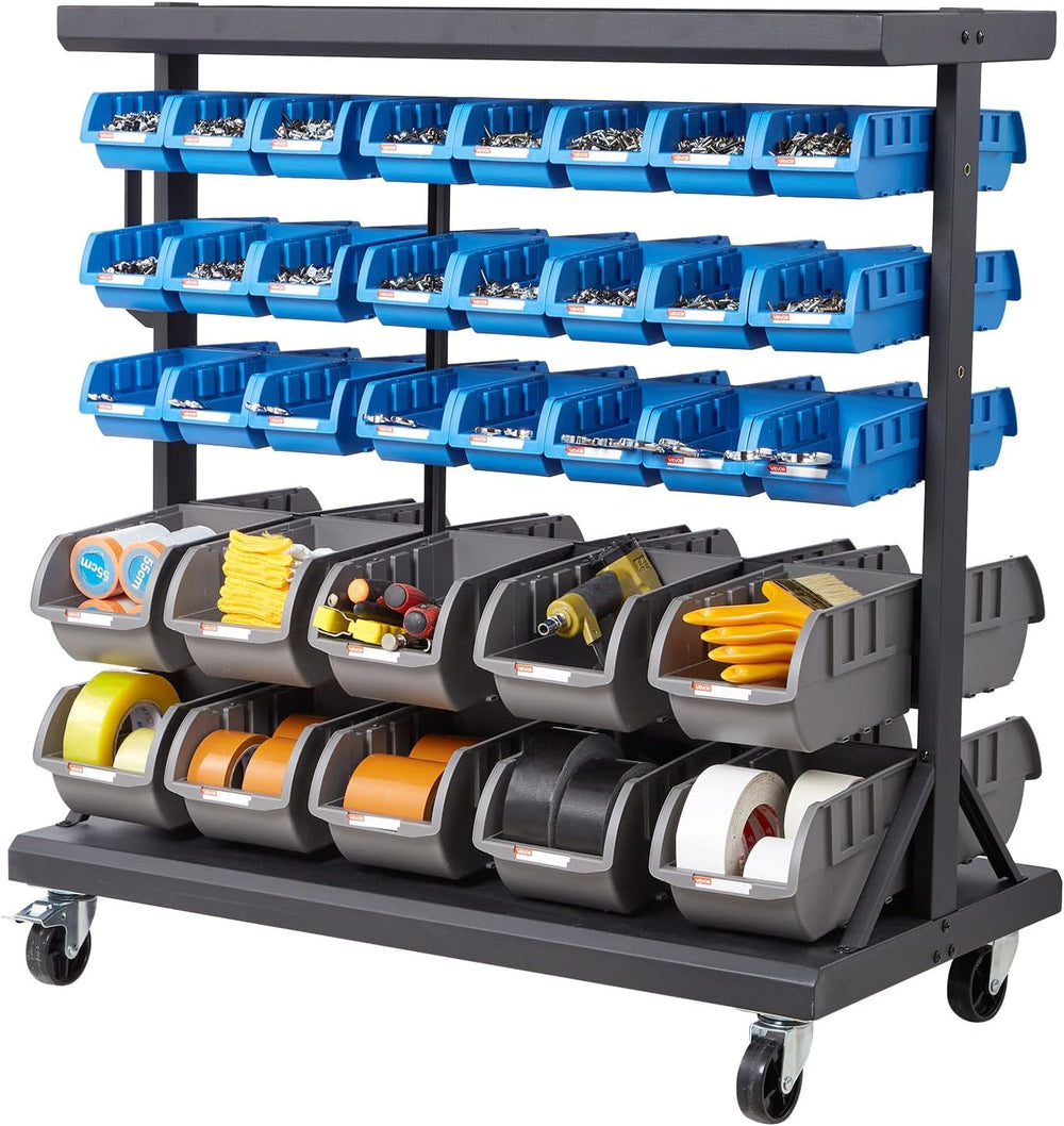 VEVOR 5-Tier Double-Sided Rolling Bin Storage Rack, 68 Plastic Bins, Dual-Sid...