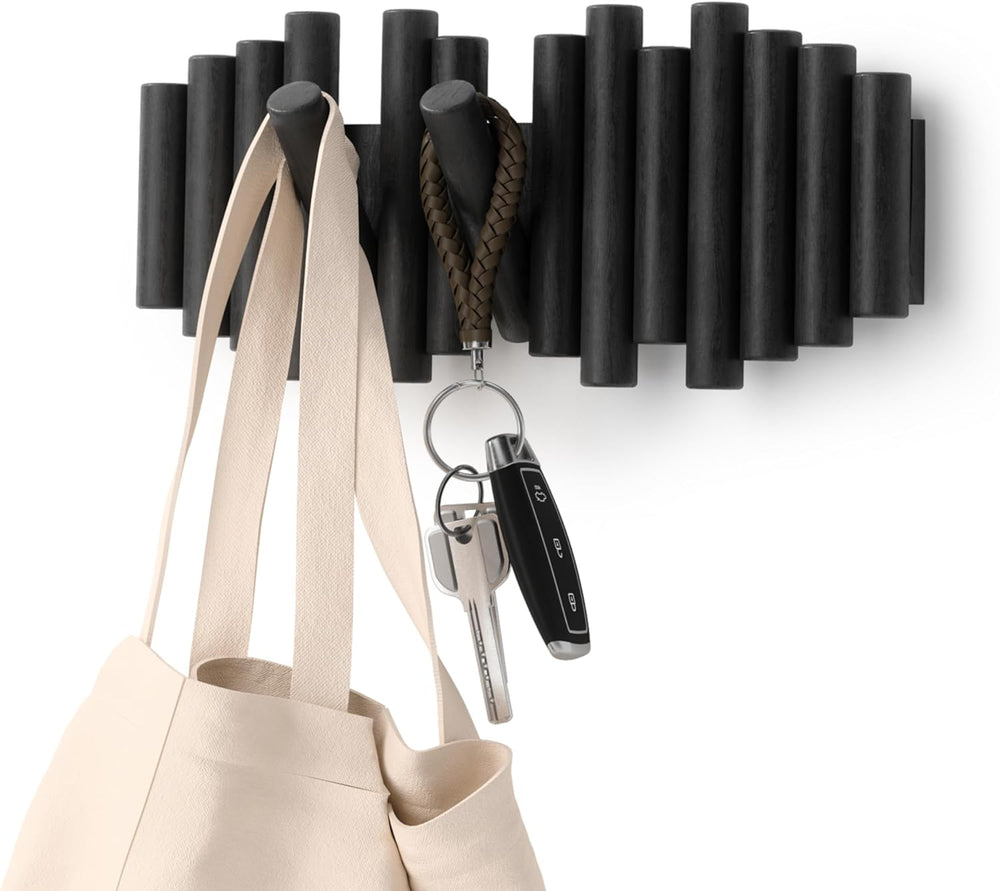 Umbra Picket Coat Rack, Wall Mount 5 Flip-Down Coat Hooks, Black