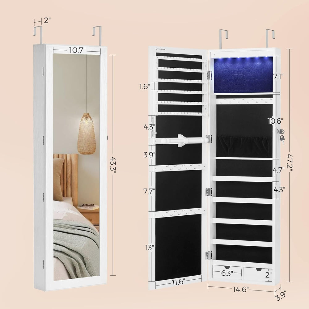 SONGMICS 6 LEDs Mirror Jewelry Cabinet, 47.2-Inch Tall Lockable Wall or Door ...