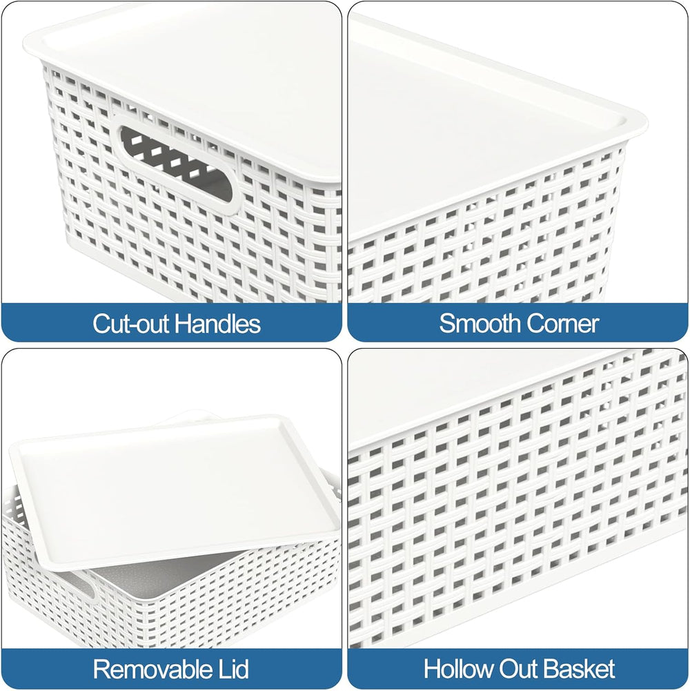 Hespama 6 Pack Plastic Weave Storage Basket, Stackable Lidded Organizer Bin