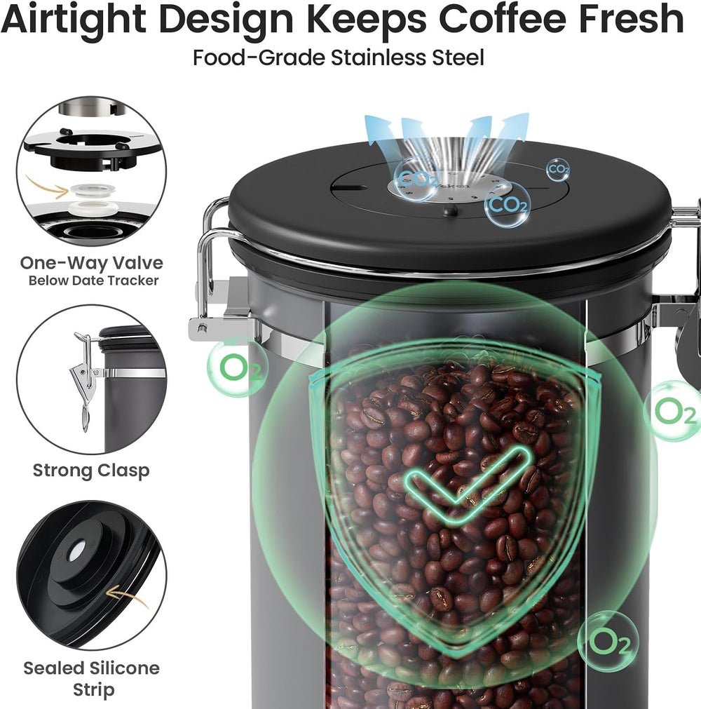 Veken Coffee Canister,39OZ, 2.2lbs,Large Airtight Stainless Steel Container
