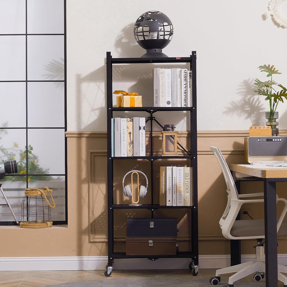DEANIC 5-Shelf Folding Bookcase with Wheels, Rolling Bookshelf Heavy Duty Sto...