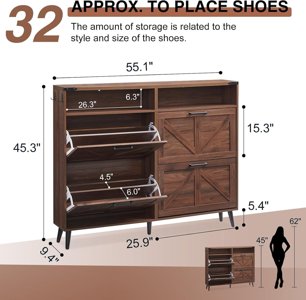 Barnyatoh Farmhouse Shoe Storage Cabinet with 4 Flip Drawers & Open Storage