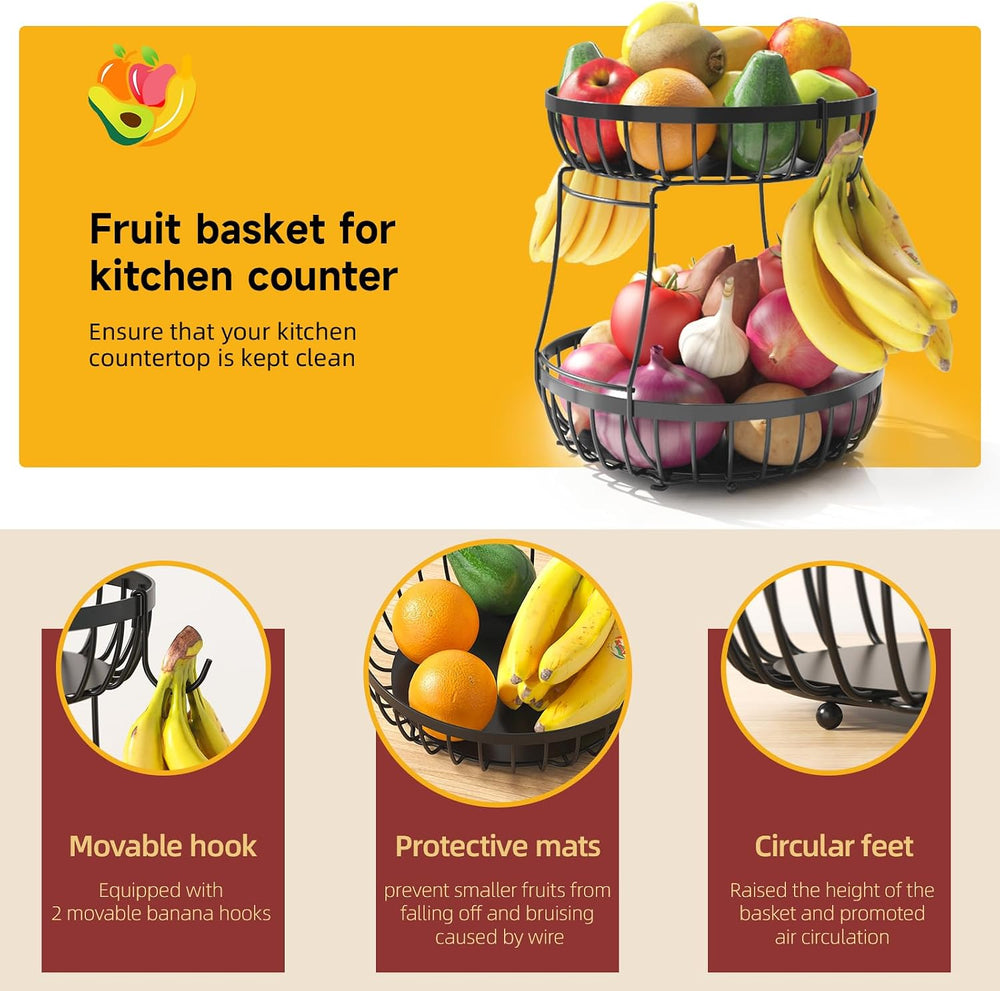 Sevenblue 2 Tier Fruit Bowl for Kitchen Counter, Black, Extra Large