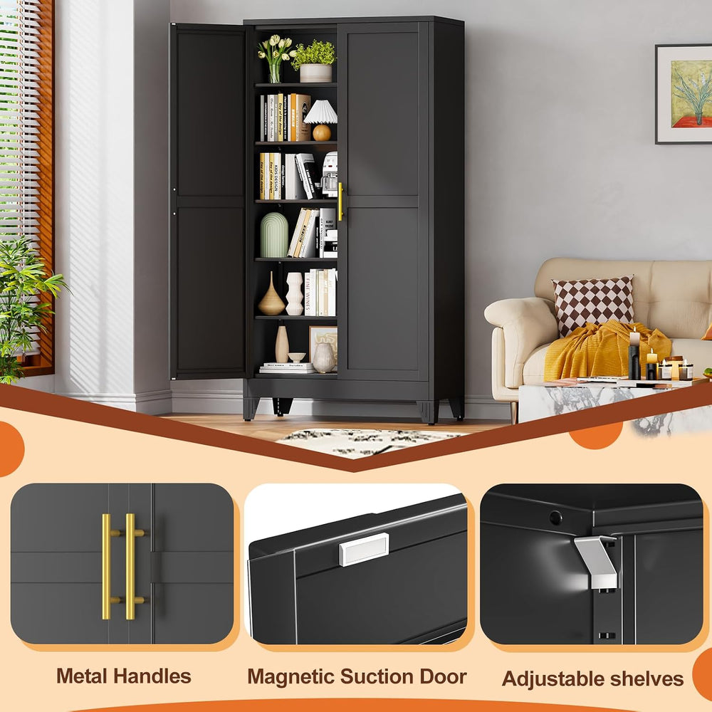 RISRERN Black Metal Storage Cabinet, 79" Kitchen Pantry Cabinets for Office