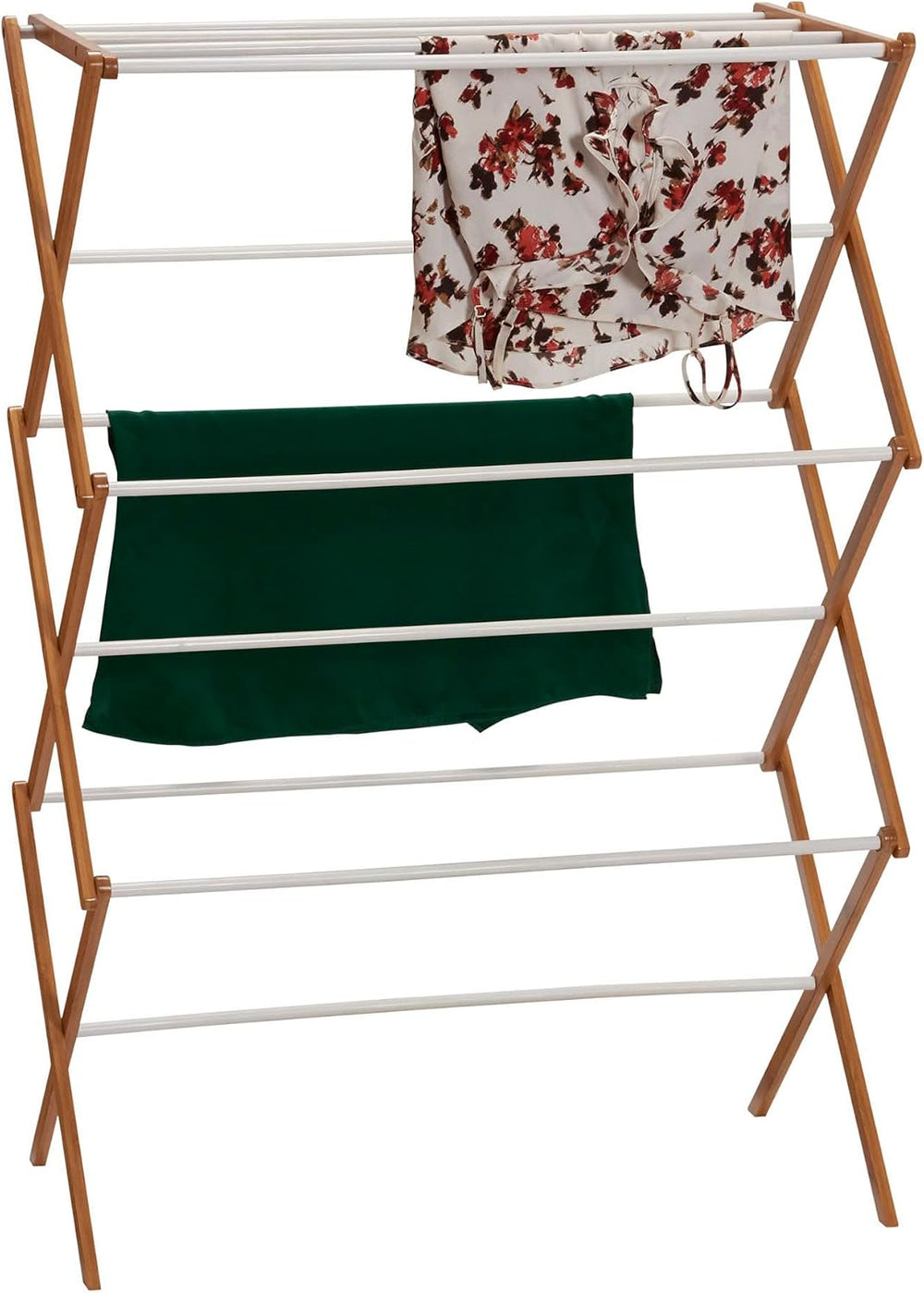 Household Essentials Bamboo Folding Clothes Drying Rack | White Finish, 11 Do...
