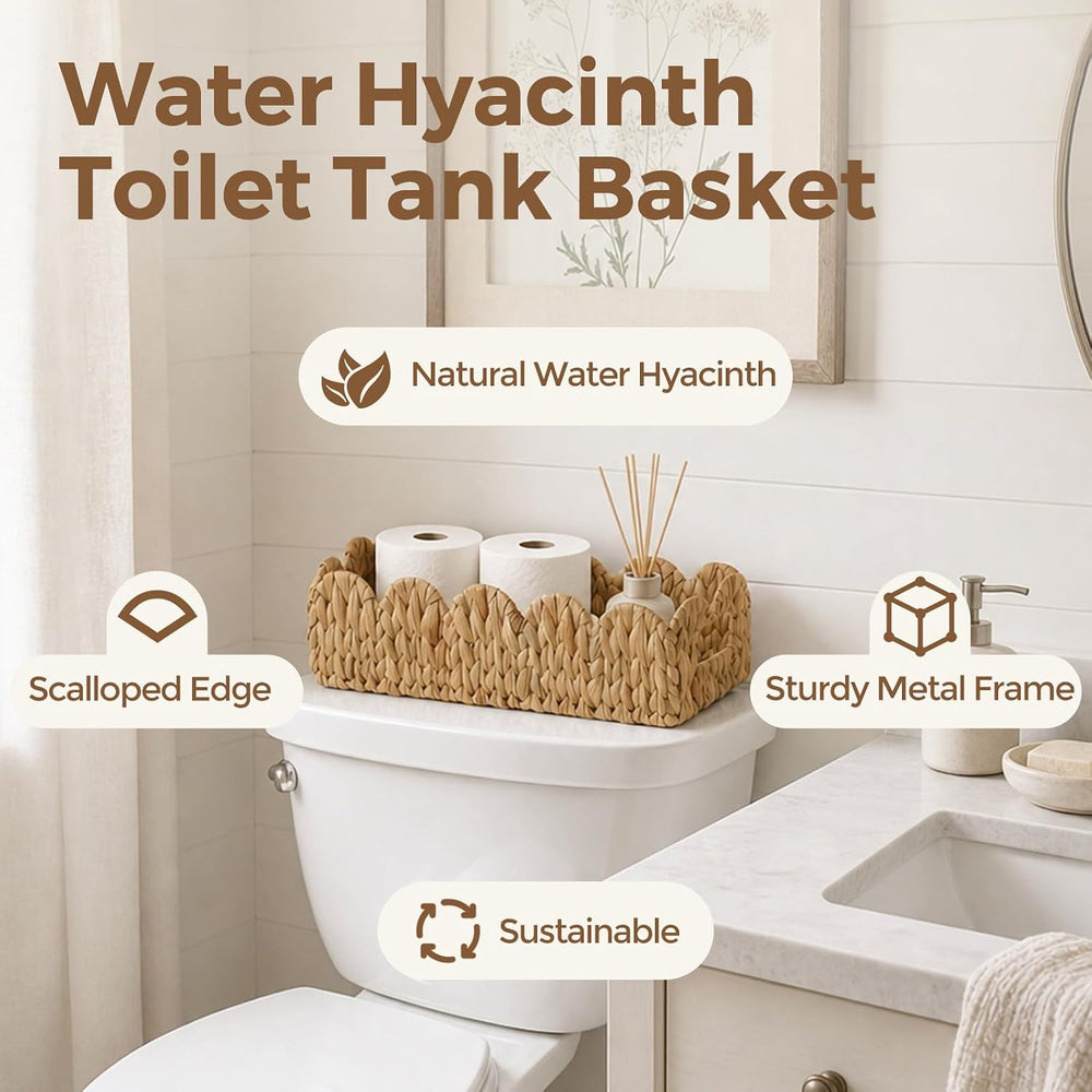 2 Pack Scalloped Water Hyacinth Toilet Paper Storage Basket with Handle