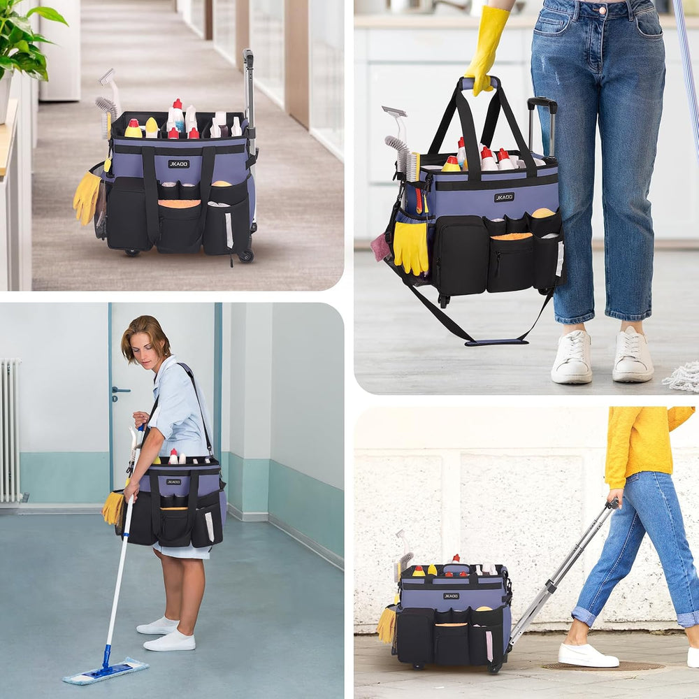 JKAOO Large Rolling Cleaning Caddy Bag with Detachable Trolley, Denim Blue