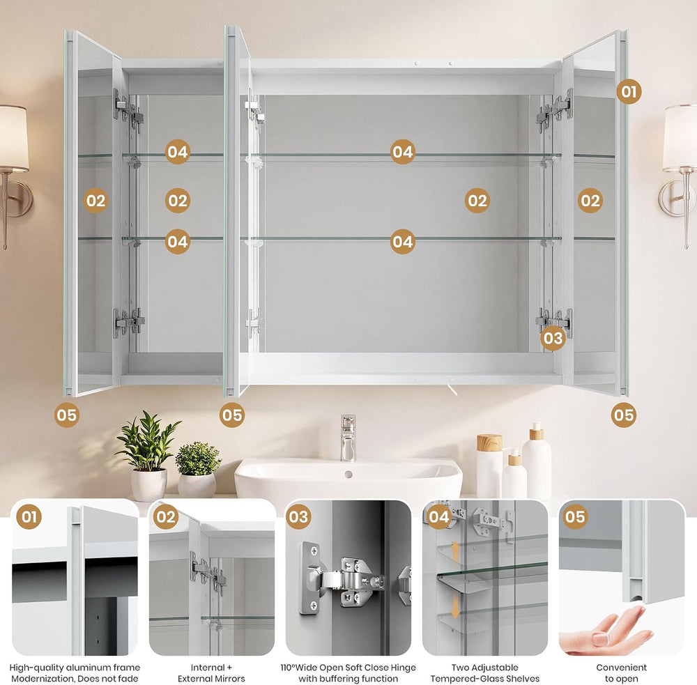 36 x 28 Bathroom Mirror Medicine Cabinet 3 Doors, Recessed & Wall-Mounted