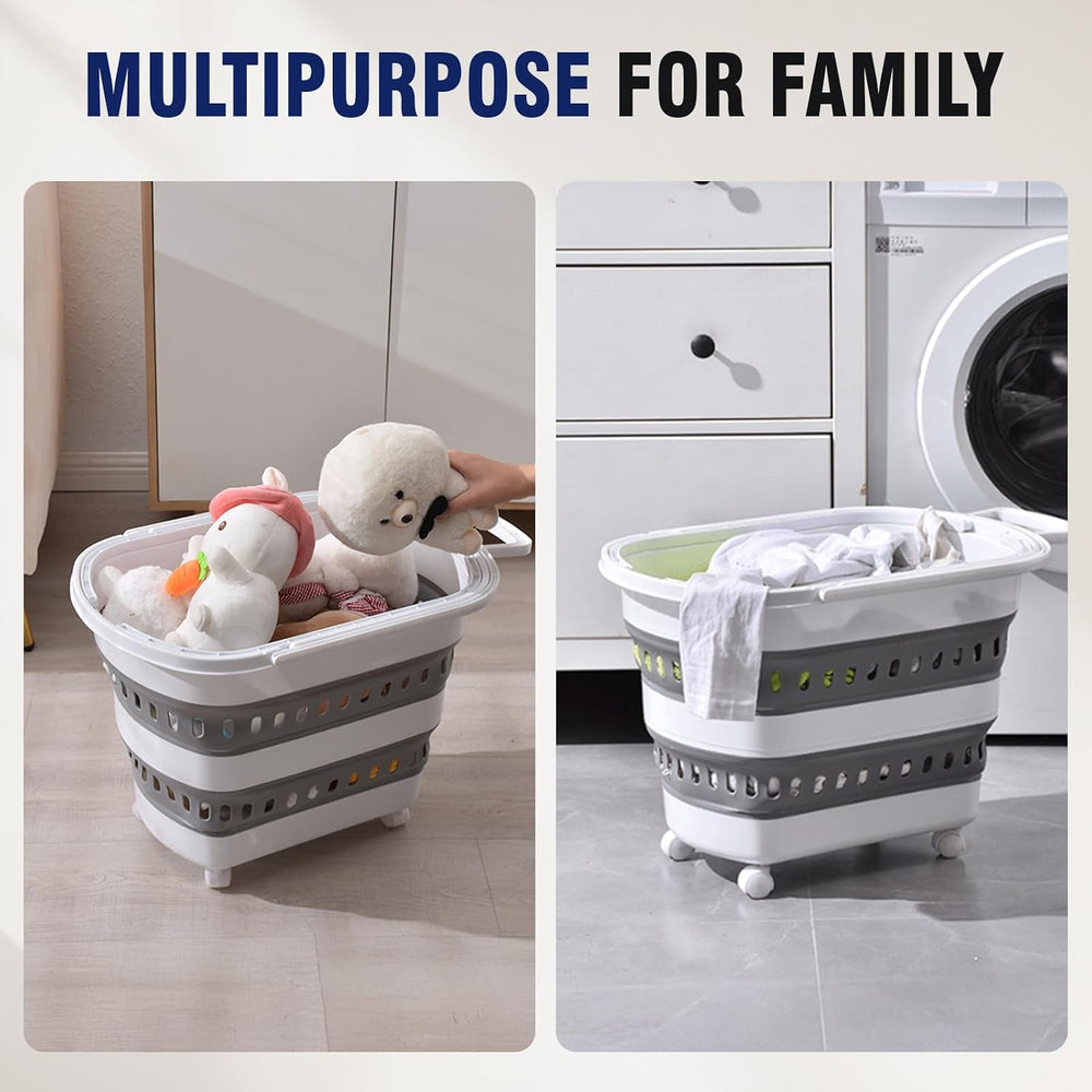 Collapsible Plastic Rolling Laundry Basket Hamper with Wheels, 45L Portable R...