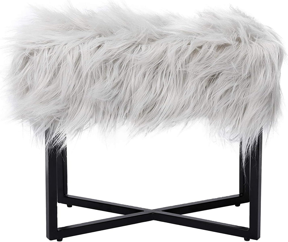 BIRDROCK HOME Rectangular Faux Fur Vanity Foot Stool Ottoman with Metal Legs ...
