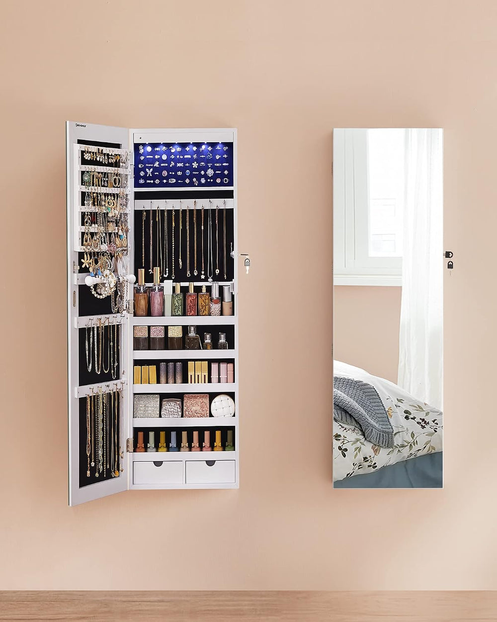 SONGMICS Mirror Jewelry Cabinet Armoire, Wall or Door Mounted, Lockable