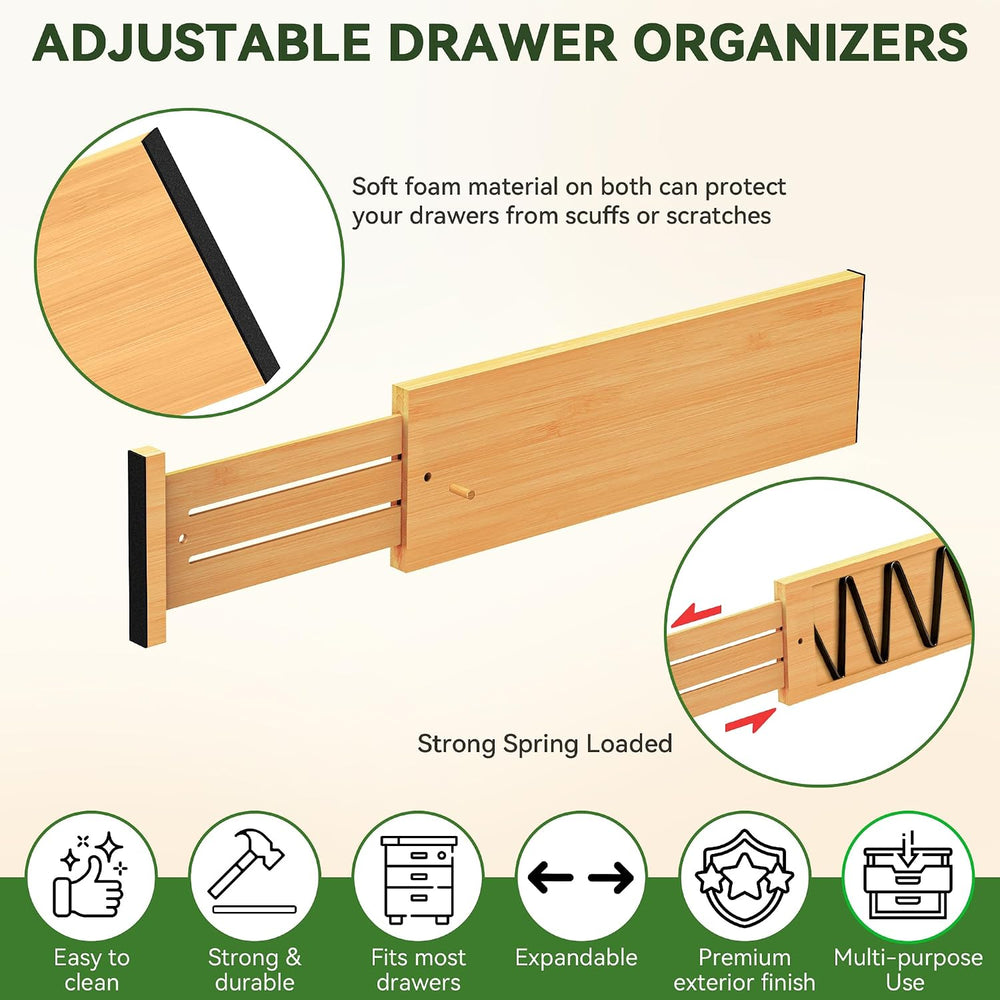 FJO 6 Pack Bamboo Drawer Dividers 4.65" High Adjustable from 17''...