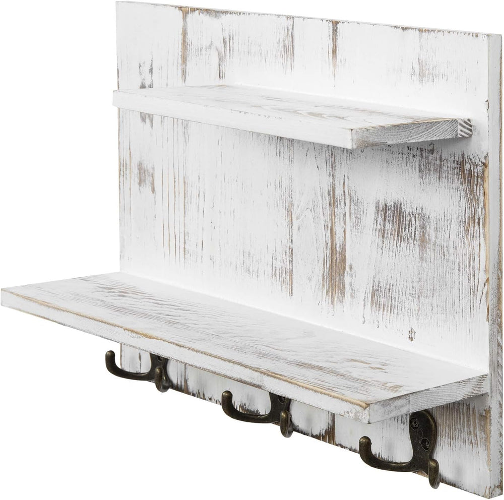 MyGift 2 Tier Wall Mounted Shabby White Washed Solid Wood Bathroom Storage Sh...