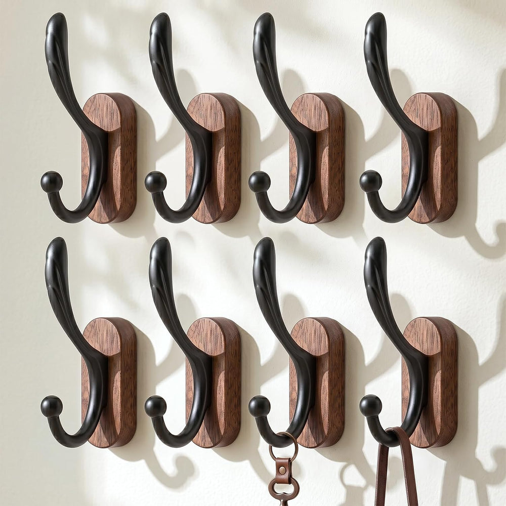 8 Pack Wall Mounted Coat Hooks, Walnut Wood & Black Metal Double Hooks