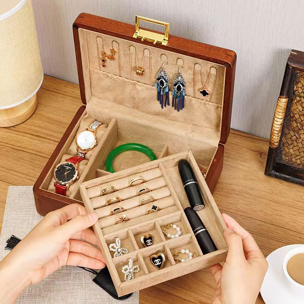 Bescott 2 Layer Solid Wooden Jewelry Box with Lock and Key for Women Men Vint...