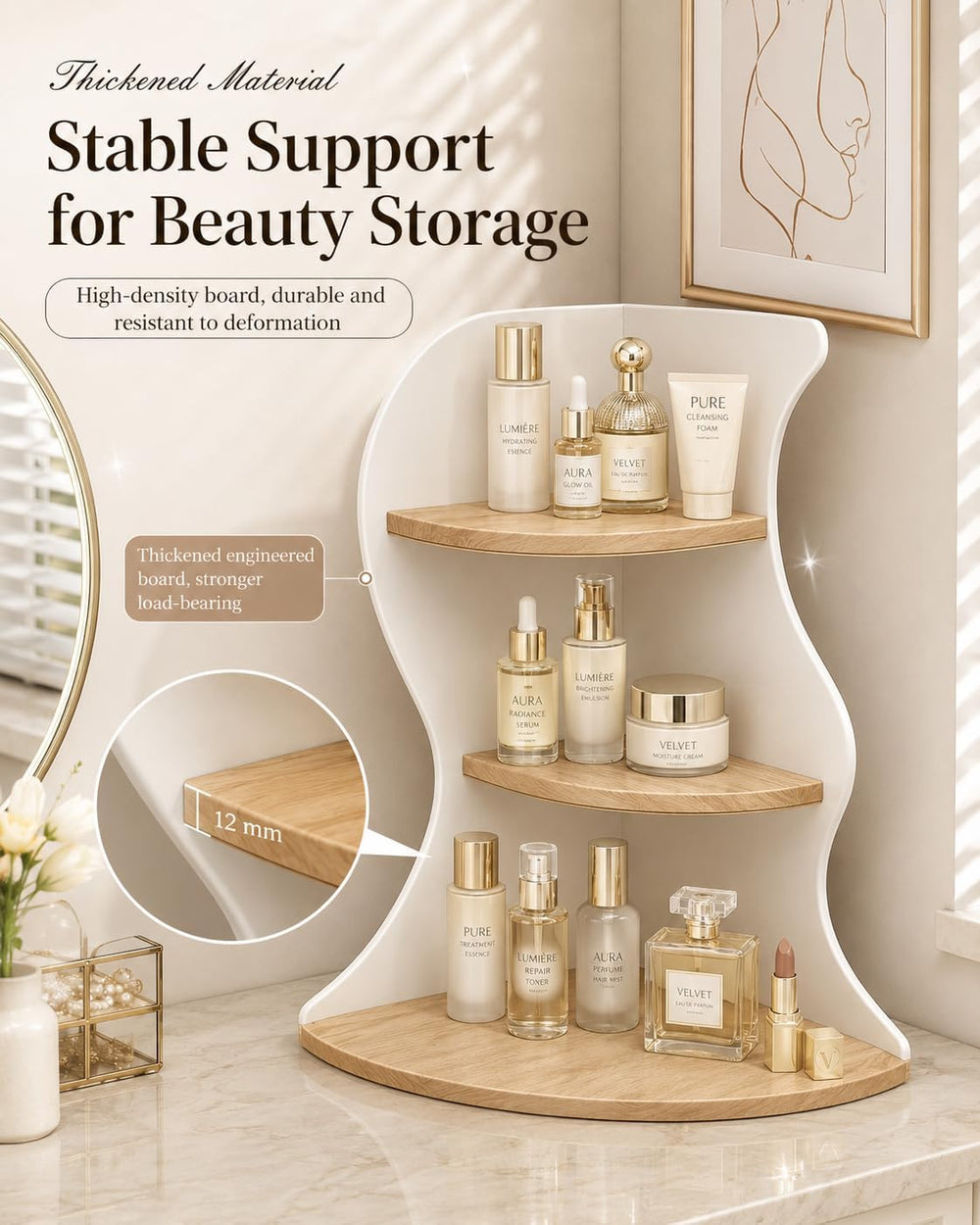 Makeup Organizer Corner Shelf, 3 Tier Vanity Rack, Space Saving Stand
